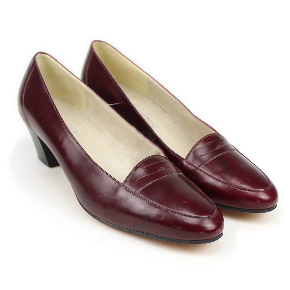 VTG Saks Fifth Avenue Burgundy Leather Fenton Last Penny Loafer Block Heels 7.5B